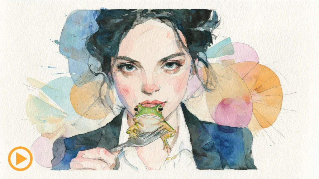 Eat That Frog - A watercolor visualization of Brian Tracy's law of productivity and fierce integrity by Level Up Audio.